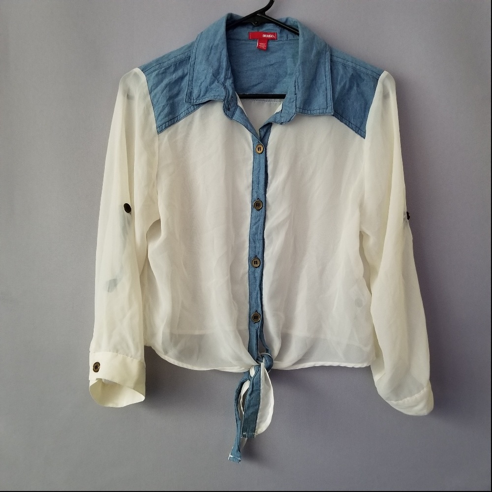 X BONGO BUTTON DOWN TAB SLEEVE SHEER CROP BLOUSE